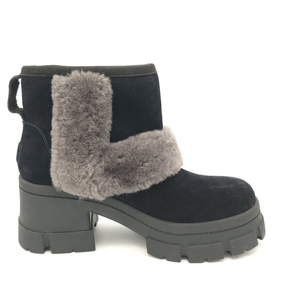 NEW UGG Brooklyn Sunburst Boots Womens 10 Black Suede Gray Fur Chunky Boho - Picture 1 of 11